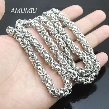

AMUMIU 40-90cm, 7mm Mens Boys Flat Byzantine Necklace Silver Color Promotion Stainless Steel Chain Gift Hot Sale Jewelry HN032