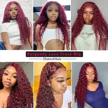 34 Inch 99J Burgundy Deep Wave Lace Front Wig Red Colored Curly Human Hair Lace Frontal
