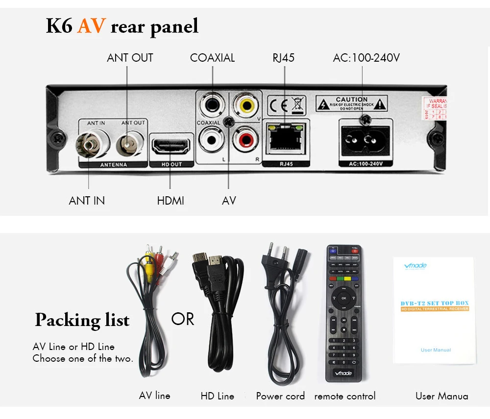 Vmade новейший DVB T2 K6 scart/AV цифровой эфирный ТВ приемник тюнер Поддержка H.265/HEVC HD есть звук 1080p DVB T2 телеприставка