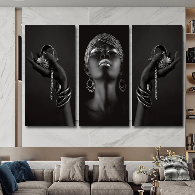 African Woman Posters and Prints Wall Art Black Hands Holding Silver Jewelry Canvas Painting Wall Pictures For Living Room Decor