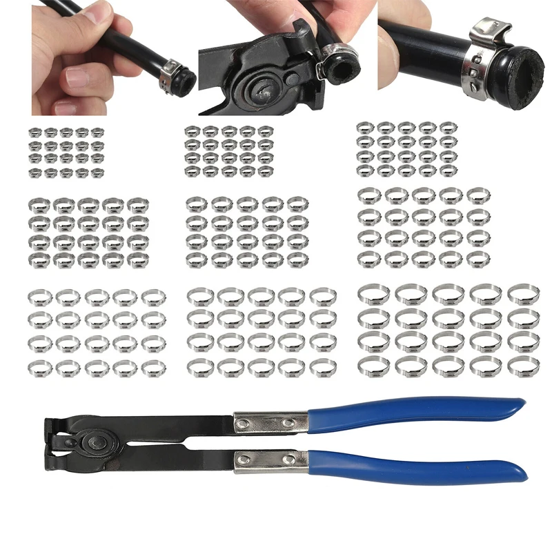 180pcs Ear Stepless Hose Clamps W/ Pliers 304 Stainless Steel Single