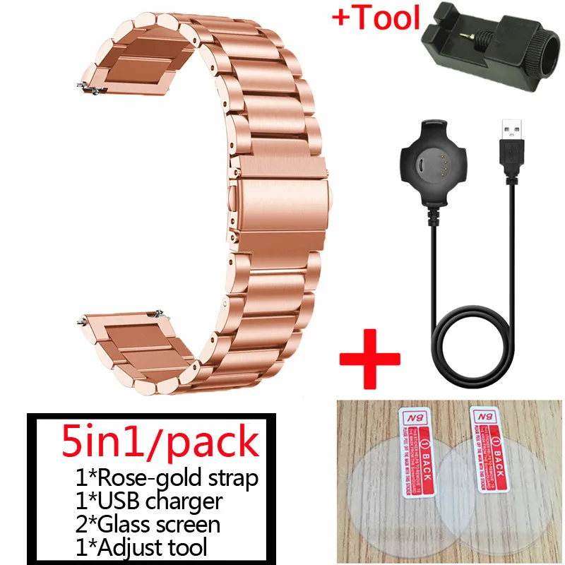 5в1 для Xiaomi Amazfit Pace металлический ремешок из нержавеющей стали+ USB зарядный кабель+ Amazfit pace стеклянная защита экрана - Цвет: Розовое золото