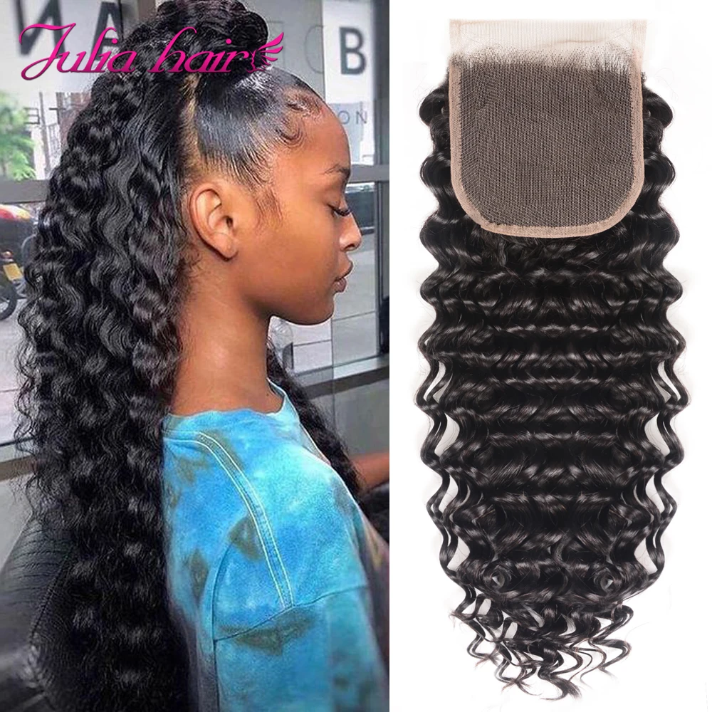 Ali Julia Hair Brazilian Deep Wave Closure Free Part 4X4 100% Human Hair Remy Lace Closure Pre Plucked 150% Density (2)