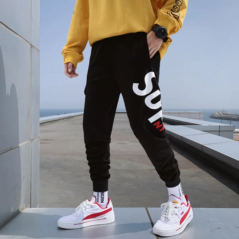 

INS Ultra-huo bao kuan Knitted Casual Pants Men's 2019 Autumn New Style Students Fashion Printed Skinny Pants Trend