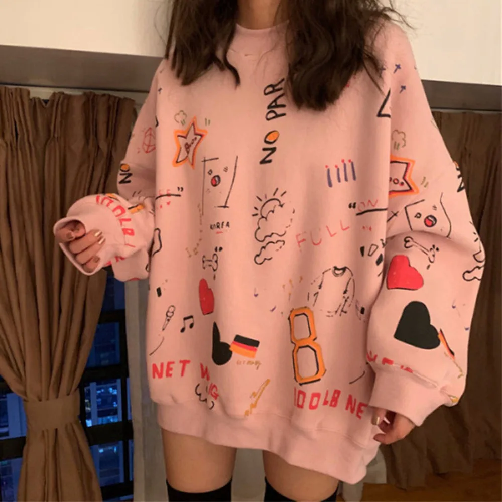2021 Spring Womens Clothes Hoodies Teen Street Harajuku Hip Hop Pastel Sweatshirt for Women Printing Loose Leisure Hoodie | Женская
