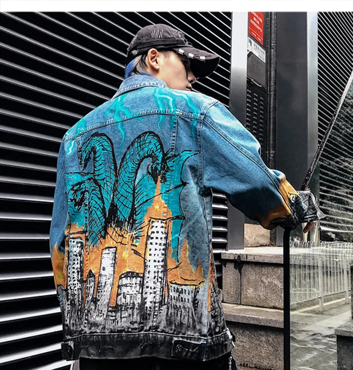 AELFRIC Модные Винтажные городские принты мужские джинсовые куртки Harajuku мода хип хоп повседневная мужская верхняя одежда уличный сверхразмерный пальто
