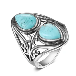 Vintage Natural Turquoise Bohemian Ring in S925 Silver Gemstone Jewelry Gift - 8 (Turquoise)