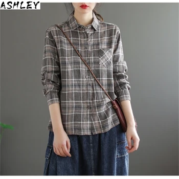 

Women Spring 2020 Blouse New Arrival Spliced Plaid Long Sleeve Turn-Down Collar Loose Shirt Female Casual Blouses