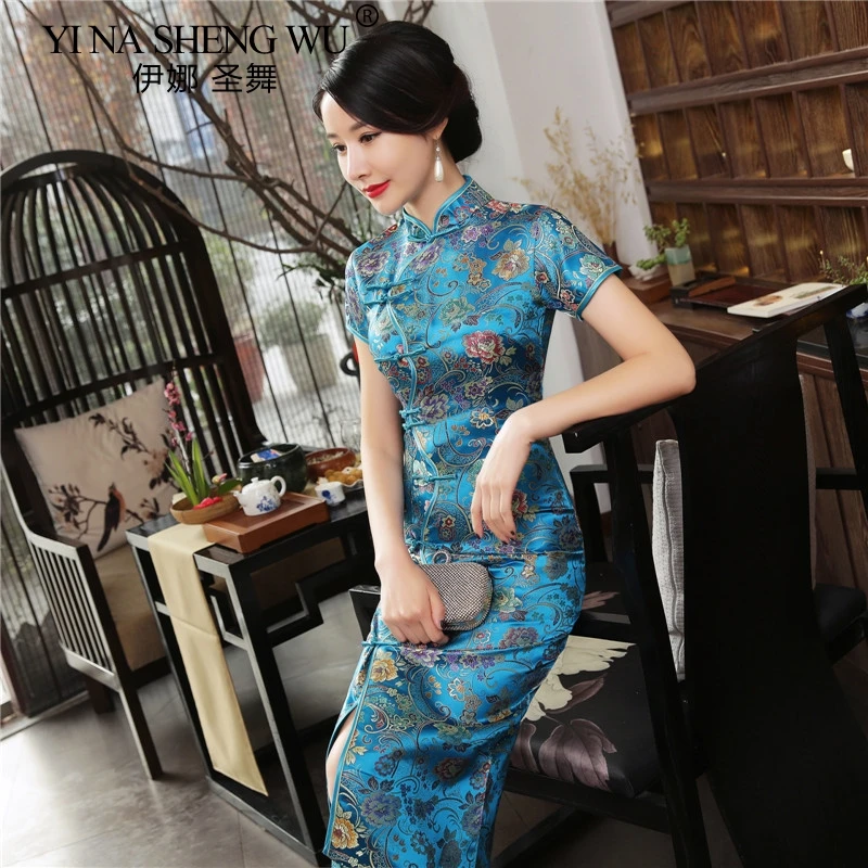 New Tang Suit Cheongsam Long Cheongsam Women Evening Dress Elegant Satin Soft Elegant Tight Dress Traditional Cheongsam 7Colors