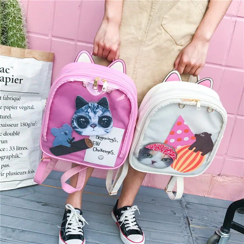 

Transparent Women Backpack Cute Cat Ita School Bags Pink Schoolbags Teenage Girls Jelly Bookbag Kawaii Mochila Feminina Rugzak