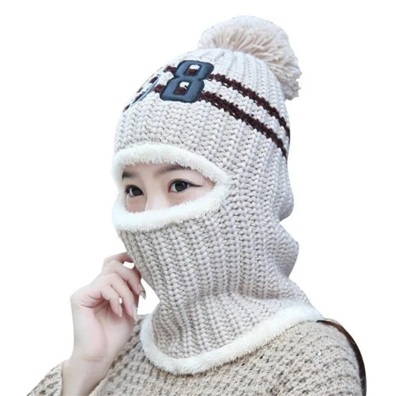 

Sparsil Women Winter Thick Wool Beanies Scarf Mask Set Velvet Warm Neck Face Ear Protect Multi-functional Cap Unisex Snow Skull