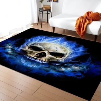 

3D Flame Skull Rectangular Floor Carpet Gothic Anti slip Area Rug Bedroom blue flame Decorative Tapete Kids Play Mat 5 Sizes