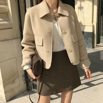 

Two Piece Sets Korean Solid Beige Wool Short Coats and Mini Skirts Women Sets Basic Autumn and Winter Warm Retro Ladies Outfits