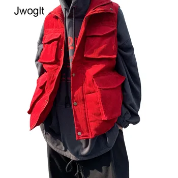

Vests Men Sleeveless Jackets Corduroy Vest Coats Male Streetwear Mulit Pocket Single Breasted Button Black Khaki Red Waistcoat