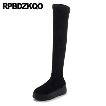 

studded black muffin elevator metal stud rivet high heel shoes designer over the knee sheepskin suede slim thigh women boots
