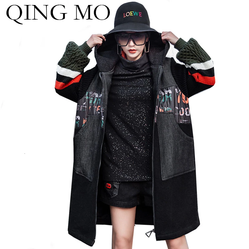 QING MO женский джинсовый плащ черное пальто с капюшоном Женская шерстяная верхняя