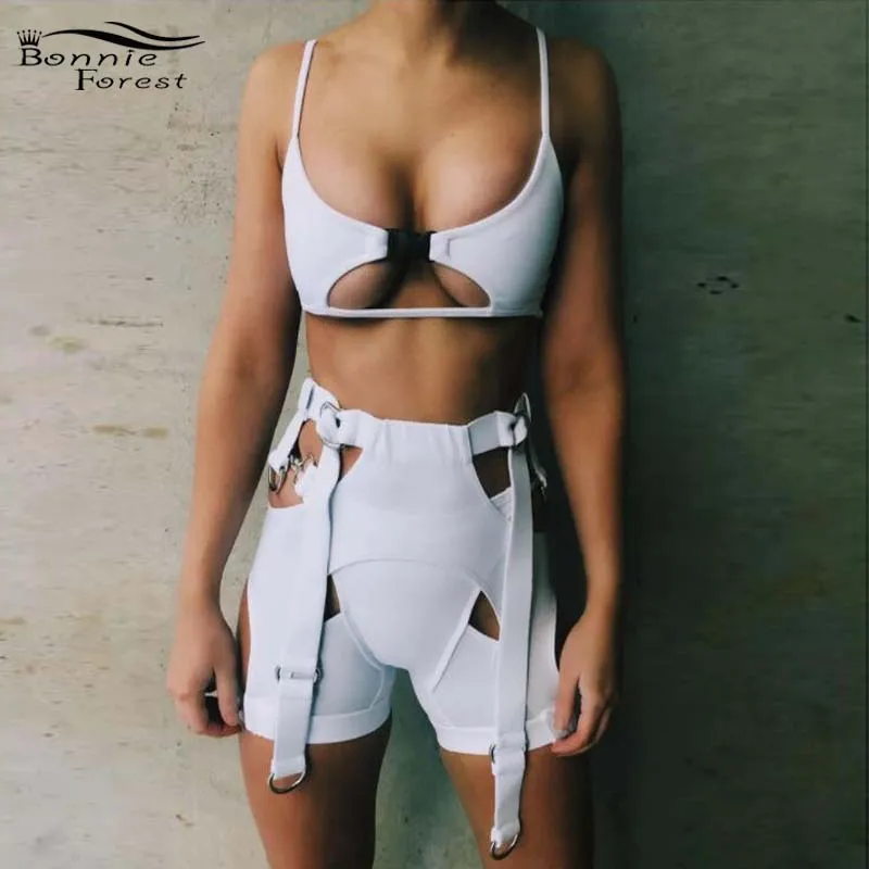 

Bonnie Forest Womens Sexy Cut Out Buckle Biker Shorts Set 2 Piece Sexy Bustier Crop Top+High Waist Matching Set Festival Outfits