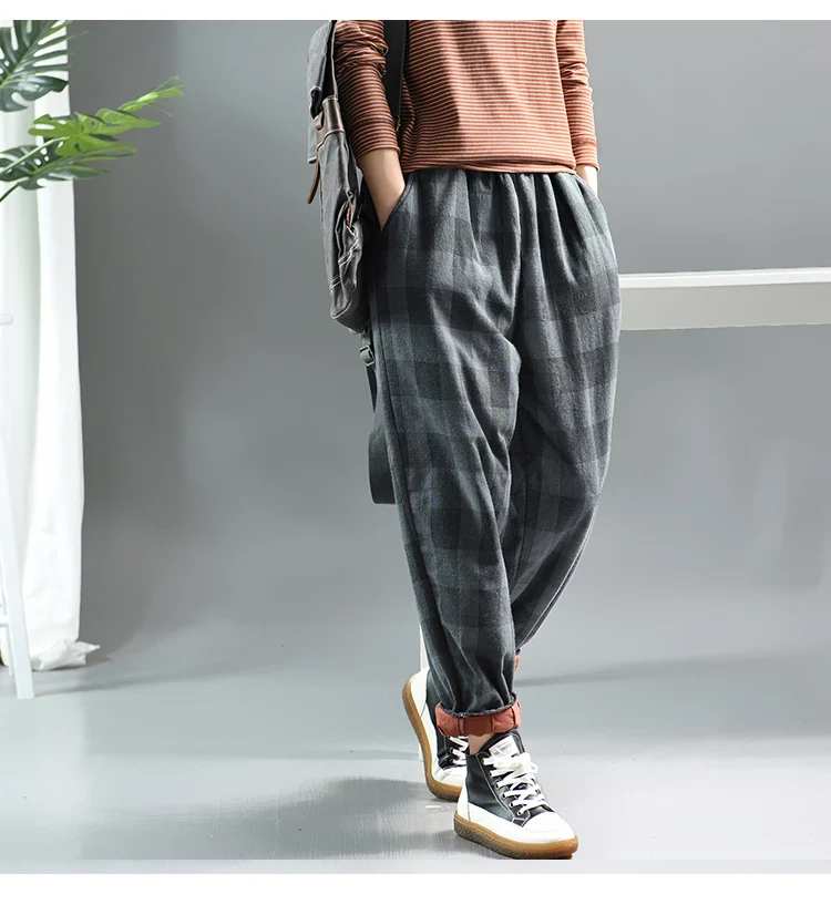 Зимние брюки в стиле ретро, женские Теплые повседневные брюки с эластичной резинкой на талии, новинка года, женские клетчатые брюки с карманами, облегающие длинные брюки