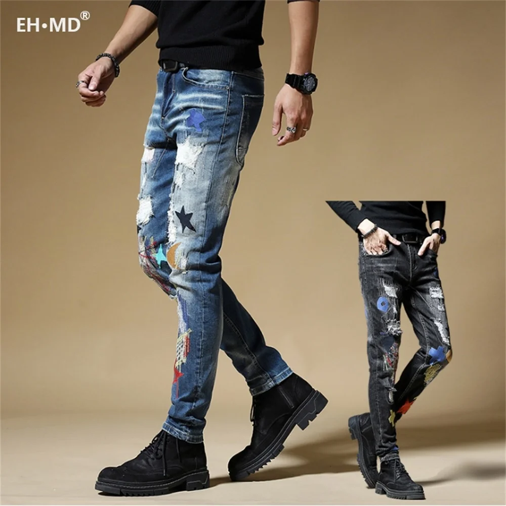 EH·MD® Hole Ripped Jeans Men's Season Five-Pointed Star Embroidery Splashed Ink Soft Casual Slim Cotton Elastic Pants Scratched