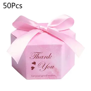

50Pcs Pink Love Wedding Candy Box with ribbon candy packaging boxes