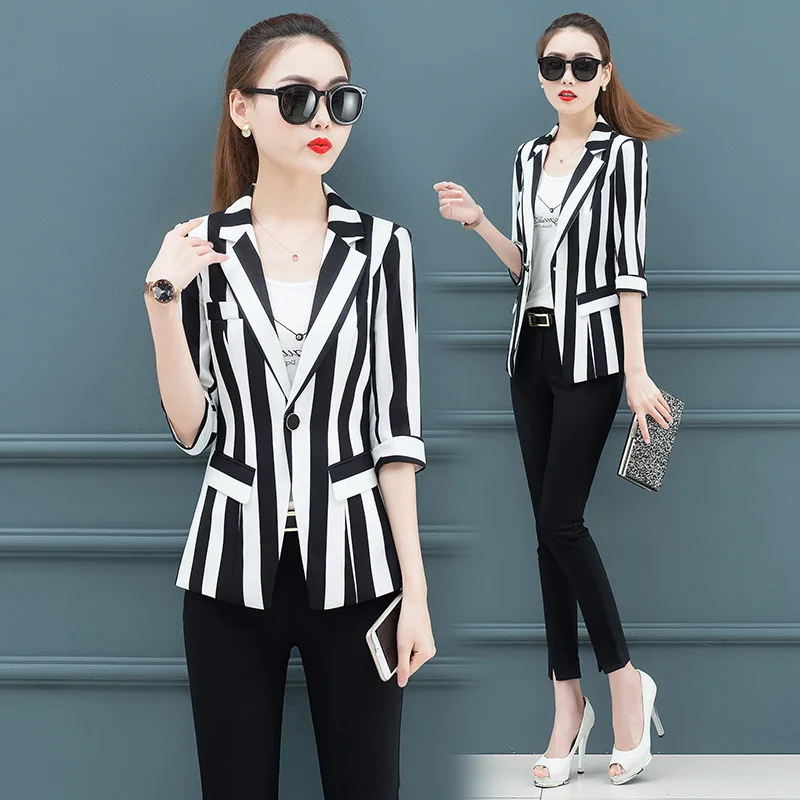 

Stripes Slimming Small Suit Coat 2019 Korean-style Spring Thin Slim Fit Waist Hugging Short Autumn Suit Large Size Dress