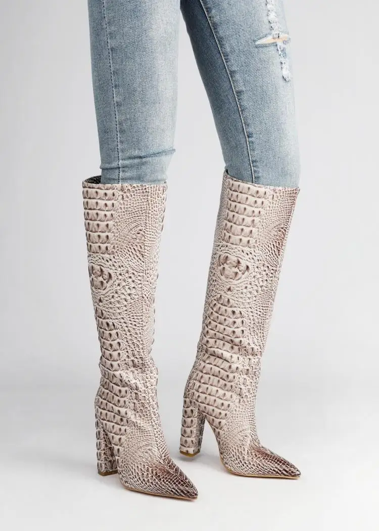 Olomm Handmade Women Knee High Boots Square High Heels Boots Pointed Toe Gorgeous Beige Brown Party Shoes Women US Size 4-13