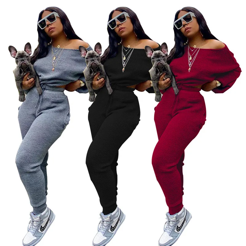New Two Piece Outfit Women Woolen Sweater Sweatsuit Crop Top Sweatpants Tracksuit Winter Clothes Plus Size Wholesale Dropshpping |