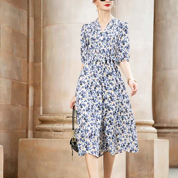 

Summer New Bohemian Print Floral Floral Sexy V-Neck Short Sleeve Elastic Belt Elegant Temperament Slim Dress Women'S Wear