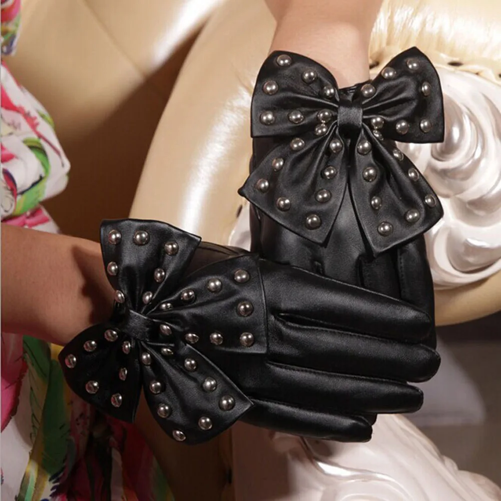 Негабаритных лук дамы Мода Искусственные кожаные перчатки pu сценические перчатки