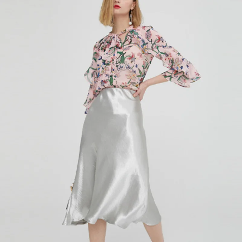 

RICORIT Women Satin Silk Skirt Solid Color Midi Skirts Ladies' Fashionable Sexy Elegant A-line Shiny Underskirts Casual Skirt