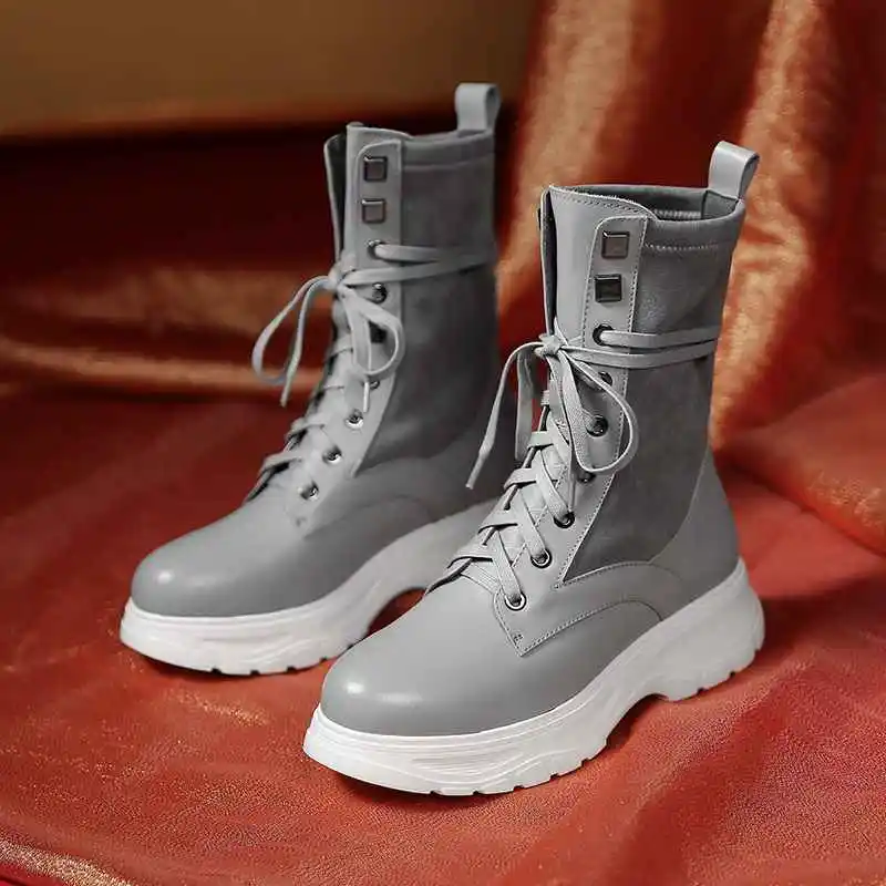 krazing pot cow leather round toe sweet med heel solid concise casual thick bottom lace up plus size stretch mid-calf boots l9f8