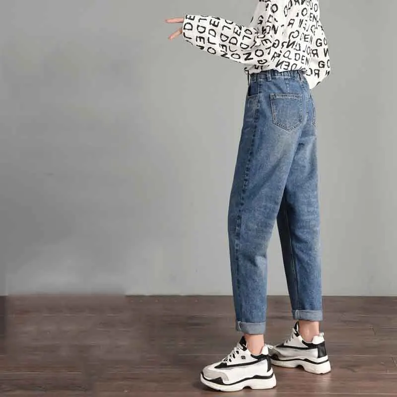 Высокое качество Slim Fit Для женщин свободные джинсы с аппликацией в виде Высокая талия девять штаны осень Повседневное ковбойские штаны для мальчиков Новинка осени одежда для пребывания на открытом воздухе