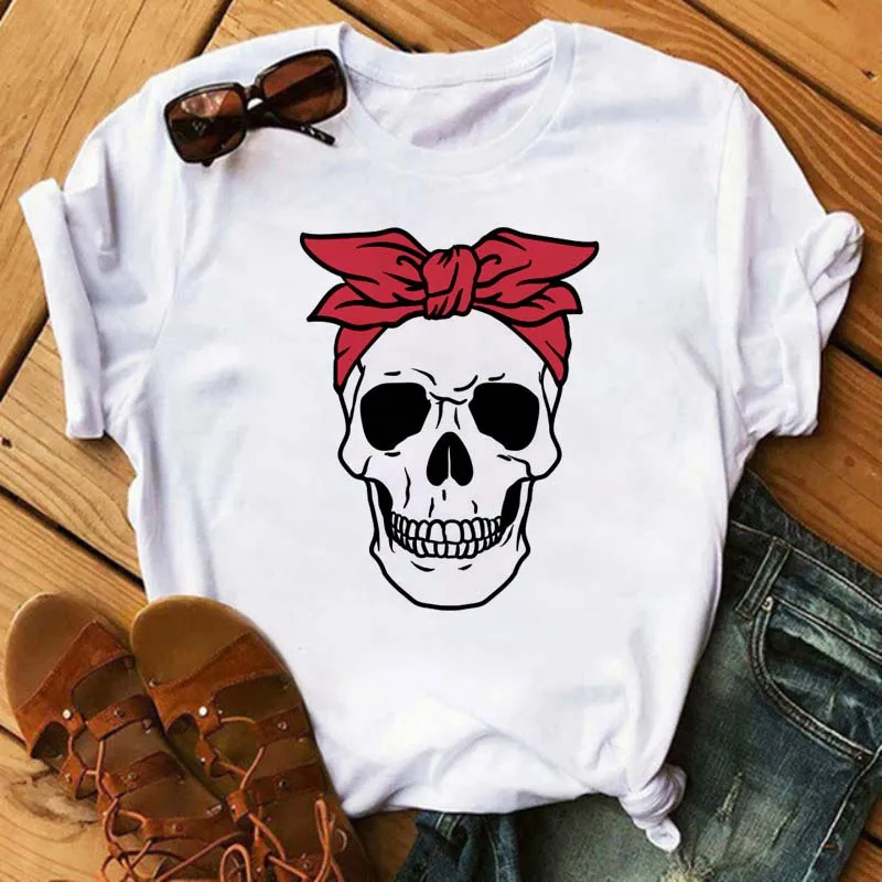 New Cartoon Mama Leopard Turban Skull Print Women Tshirts Casual O-neck Tops Loose Harajuku White T Shirt Korean Style Clothes graphic tees