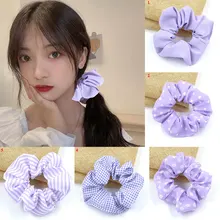

1 PCS Purple Series Scrunchie Korean Style Elastic Hair Rubber Band Small Fresh Printed Head Rope Plaid Striped Hair Ring