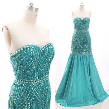 

MACloth Green Mermaid Strapless Floor-Length Long Crystal Satin Prom Dresses Dress M 268996 Clearance