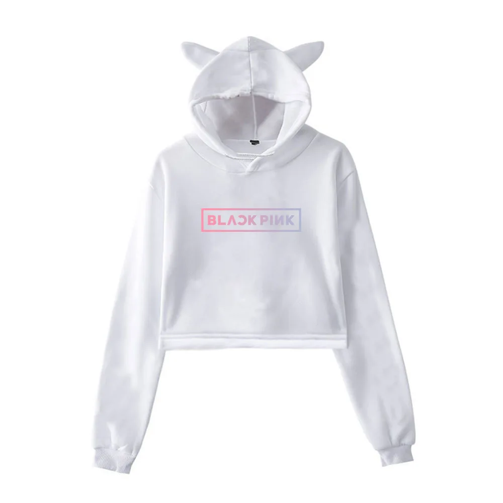 Сексуальные милые женские толстовки с длинным рукавом BlackPink Hip Одежда Harajuku для девочек короткий флисовый топ с капюшоном