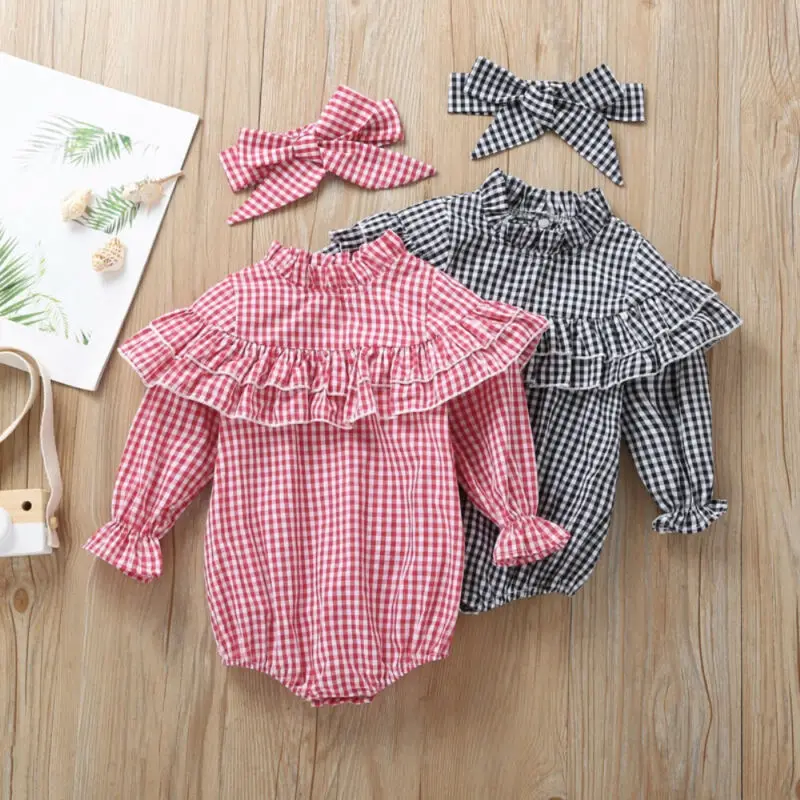 

2PCS s Autumn Clothes Newborn Baby Girl Clothe Long Sleeve Plaids Ruffle Romper Outfits Sunsuit 0-24 months