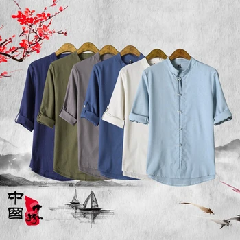 

Summer Chinese Traditional T-Shirt Retro Linen Tee Tops Oriental Kungfu Tang Suit Hanfu Clothing Japanese Viking Pirate Costumes