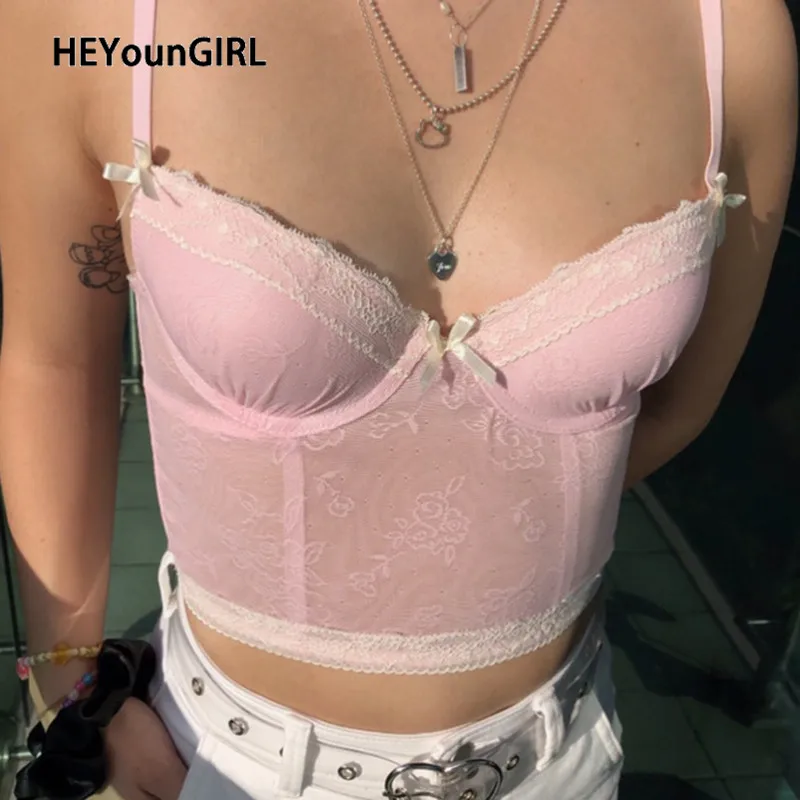 HEYounGIRL цветочный милый розовый сетчатый укороченный Топ женский летний