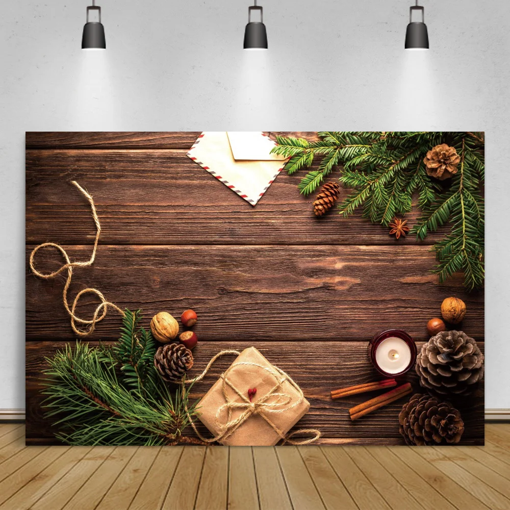 

Laeacco Old Wooden Boards Photography Backdrop Christmas Pine Cones Leaves Child Portrait Toys Photocall Background Photo Studio
