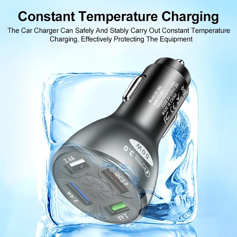 Quick Charge Car Charger 50W 4 USB QC 3.0 4.0 LED Fast Car Cigarette Lighter Mobile Phone USB Charging For iPhone Samsung Huawei