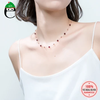 

ElfoPlataSi 925 Sterling Silver Fine Jewelry Red Garnet Stone Bead Chain Necklaces For Women Statement Necklace Choker ED399