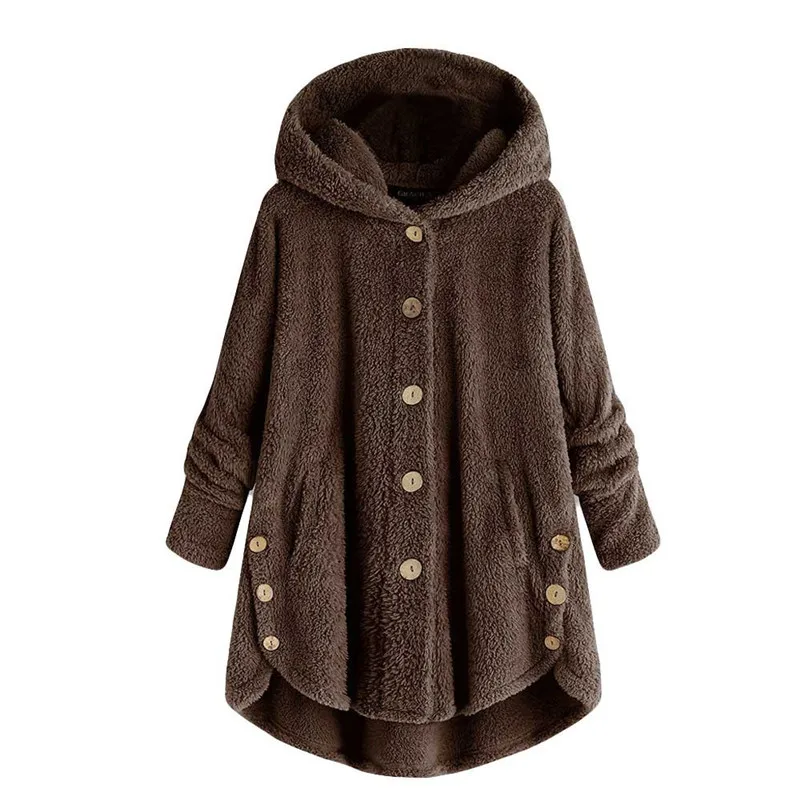Women New Winter Plus Size S-5XL Button Coat Fluffy Tail Tops Hooded Pullover Loose Oversize Coats Warm Outwear for Fashion
