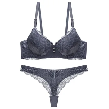 

Women‘s Thong Underwear Set Sexy Lace Bra and Panties Set Plus Size Push Up Bra Set Beading Deep V Embroidery Lingerie set