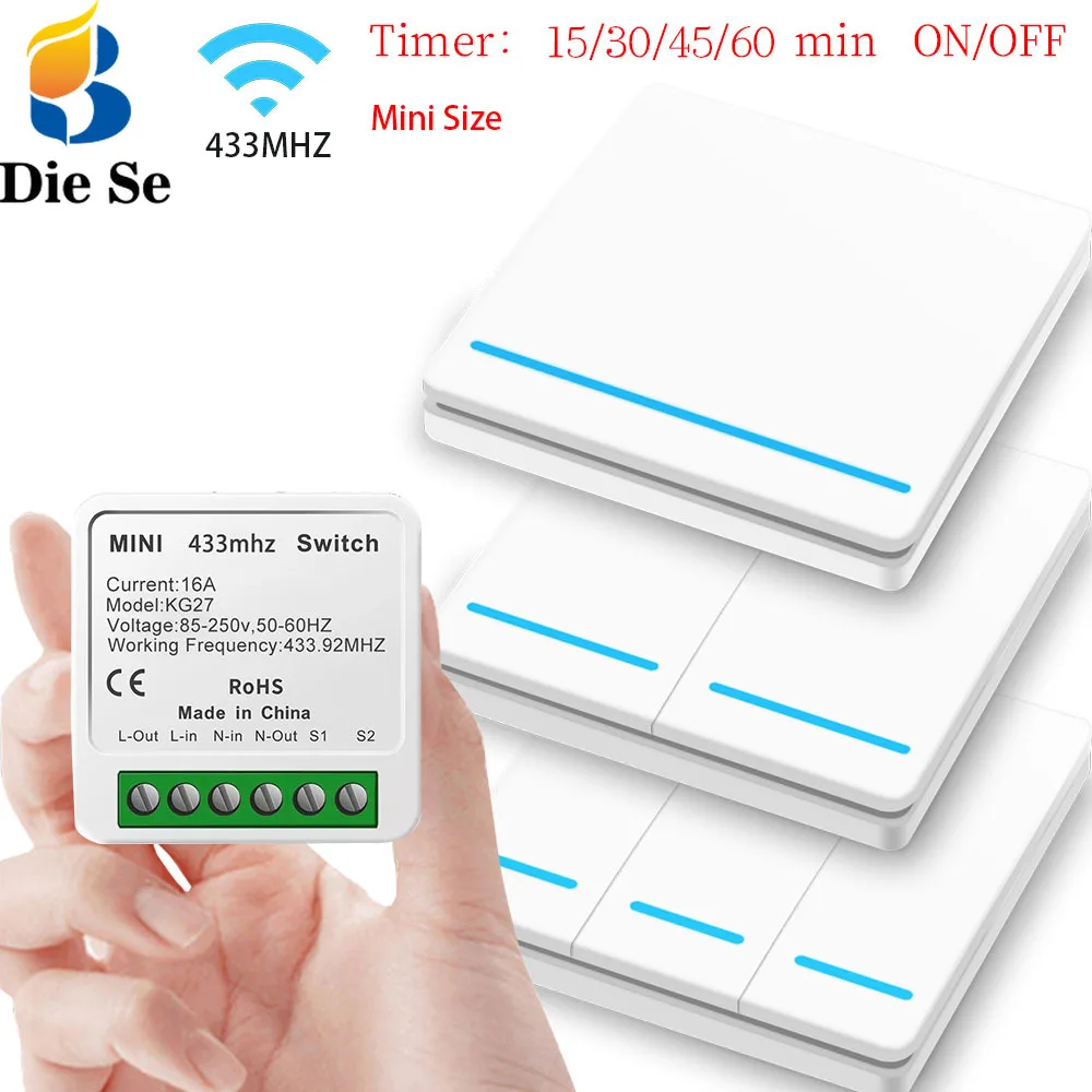 Wireless Push Button Switch 433mhz Rf Interruptor 16A 220V Mini Time