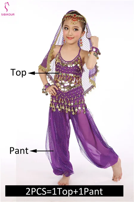 Purple 2pcs Детский набор костюма для танца живота Восточные Танцевальные костюмы для девочек Египетский Болливуд индийский танец живота одежда Индия 8 цветов - Цвет: Purple 2pcs
