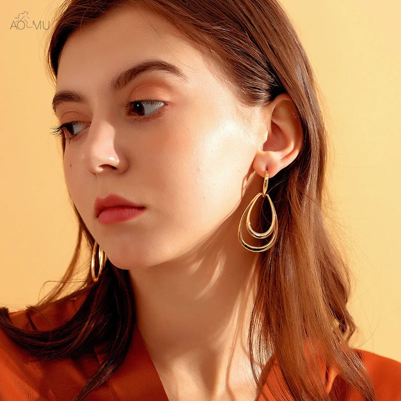 

AOMU Exaggerated Punk Matte Double Gold Drops Metal Gold Silver Color Stud Earrings for Women Birthday Gifts Party Jewelry