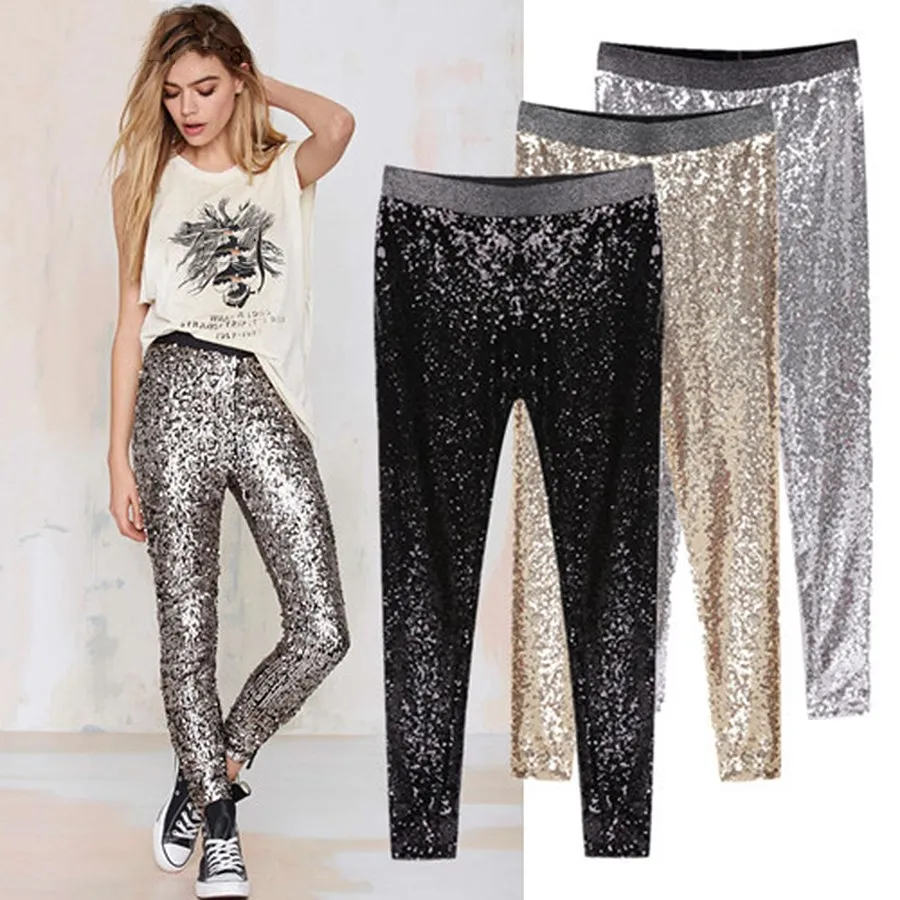 

Women Stretchable Sparkle Metallic Shinning Full Sequined Pants Slim Skinny Pencil Pants