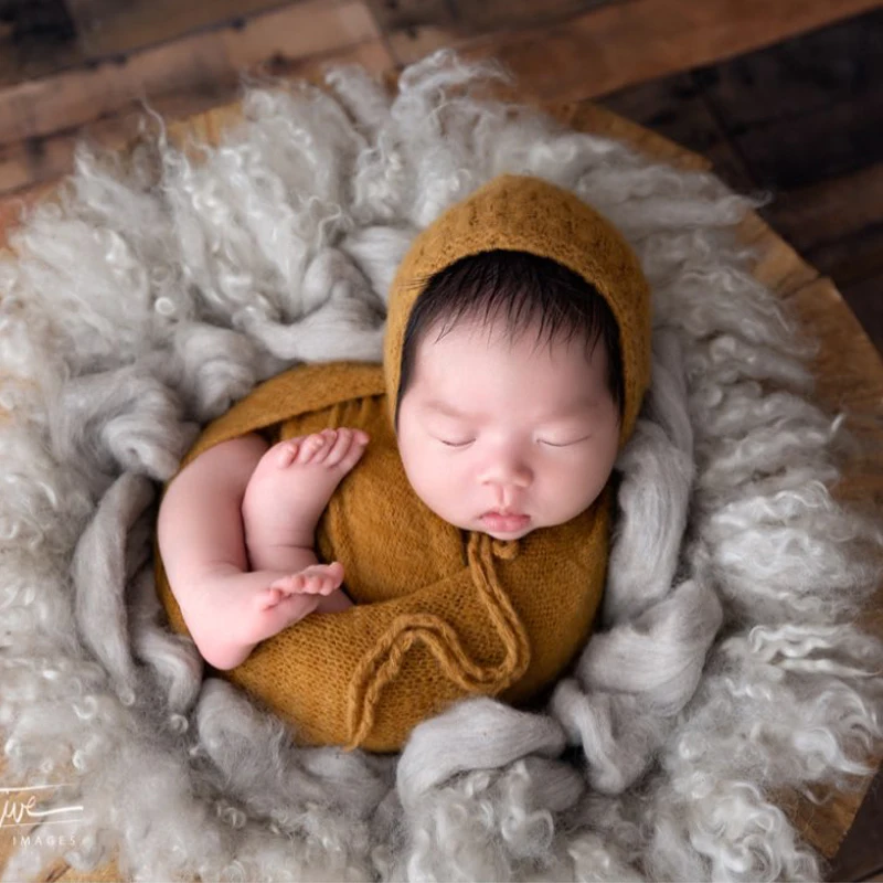 Knit Sweater Wrap Hat Set Newborn Jersey Stretch Wrap baby blanket Photography Props Baby Swaddle Blanket Layer Photo Props
