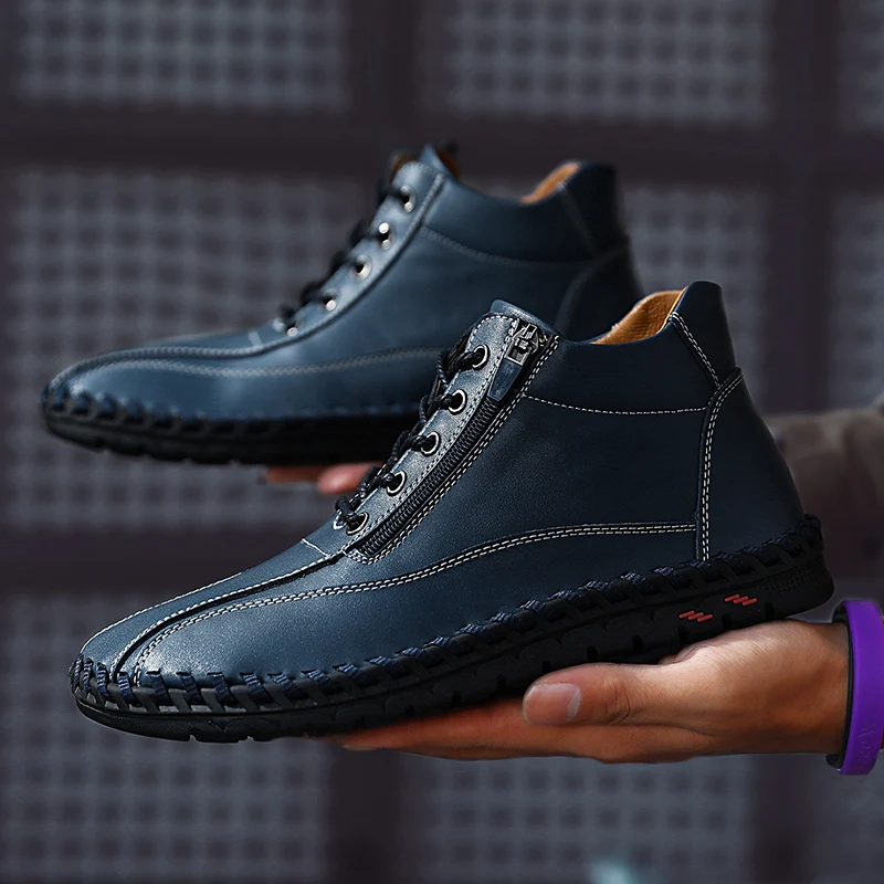Classic Mens Boots Plush Warm Mens Snow Boots Waterproof Leather Mens Ankle Boots British Style Designer Mens Leather Boots